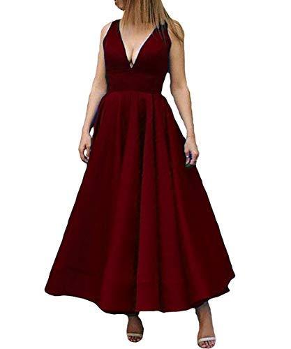 V Neck A Line Ankle Length Backless Formal Prom Evening Dresses Burgundy US 14