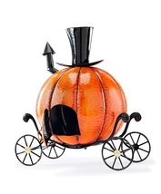 Orange Pumpkin Carriage Statue Halloween Decor 17" High Metal Candle Holder image 3