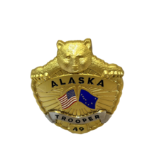 Alaska 49 Gold Tone State Trooper Souvenir Pinback Brooch 3 x 2.25&quot; - £8.55 GBP