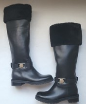 Verace Collection Black Leather Fur Shearling Gold Medusa Tall Boots Sz 35 New - £229.56 GBP