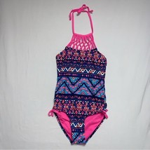 Neon Hot Pink Tribal Bathing Suit One Piece Swimsuit Girls 7-8 Swim Beach Pool - £13.52 GBP