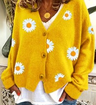 Sweater Yellow Daisy Cardigan Size Choice Cropped Long Sleeve Womens But... - $26.99
