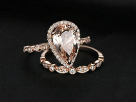 Art Deco 2.30Ct Pear Morganite Engagement Bridal Ring Set 14k Rose Gold Over - £98.85 GBP