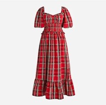 J Crew Women Maxi Dress XS Red Good Tidings Plaid Smocked Puff Sleeve Sweetheart - £55.38 GBP