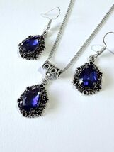 Victorian Royal blue Silver jewelry set cobalt blue set necklace earring... - $52.00