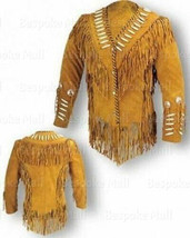 New Brown Women&#39;s Western Beads Suede Leather Jacket Cowgirl Fringed Jacket-757 - £224.50 GBP