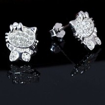 Lovely Adorable Hello Kitty Cat Kitten Simulated CZStud Earrings in 925 Silver - £37.95 GBP