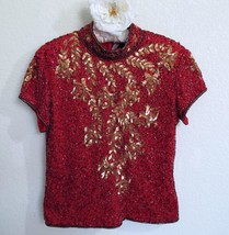 Marina Bresler Cocktail Evening Top L Beaded Sequin Mesh Red Black Gold ... - £27.45 GBP