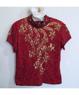 Marina Bresler Cocktail Evening Top L Beaded Sequin Mesh Red Black Gold ... - £27.53 GBP