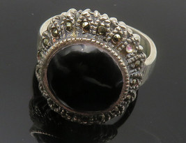 925 Silver - Vintage Black Onyx &amp; Marcasite Floral Cocktail Ring Sz 7.5- RG13288 - £33.10 GBP