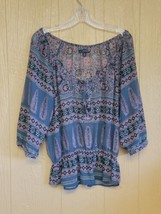 American Eagle Outfitters Sheer Blouse 3/4 Sleeve sz Medium Aztec Pink Blue - £15.13 GBP