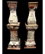 Vintage Pair Chinese Oriental Hand painted Candlestick Holder Hunting PE... - $28.64