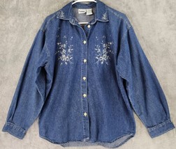 Capacity Shirt Womens Medium Blue Denim Floral Embroidered Vintage Button Up - £26.47 GBP
