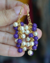Handmade Purple beige Glass Pearl gold plated Cluster Earring - £11.18 GBP