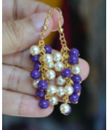 Handmade Purple beige Glass Pearl gold plated Cluster Earring - £11.15 GBP