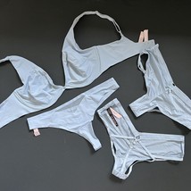Victoria&#39;s Secret Unlined 34DD Bra Set+Thong+Strappy Cutout Panty Lot Baby Blue - £77.86 GBP