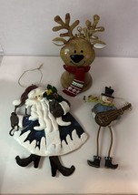 Lot Of 3 Metal Christmas Ornaments Santa Reindeer Snowman W/ Guitar Abstract - £9.16 GBP