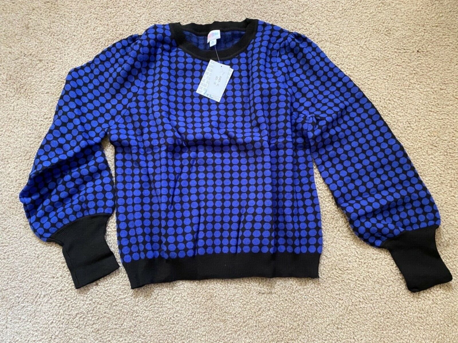 Primary image for NWT Lularoe XL X-Large Piper Balloon Sleeved Sweater Navy Blue Dot Ringer