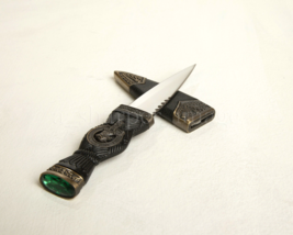 7&quot; Celtic Scottish Small Sgian Dubh Dagger Ram + Thistle + Green Stone, Scabbard - £7.44 GBP