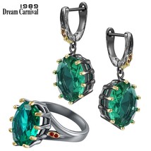 DreamCarnival1989 Big Green Zircon Ring Earrings Set for Women Delicate Fine Cut - £34.33 GBP