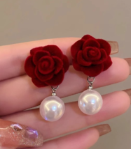 Wine red vintage flocking rose pearl earrings autumn and winter French  - £15.50 GBP