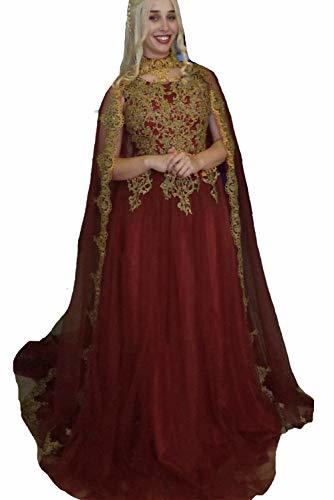 Gold Lace Vintage Long Prom Evening Dress Wedding Gown with Cape Burgundy US 2