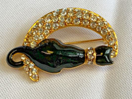 Trifari Black Cat on Crescent Moon Brooch Fashion Jewelry Clear Rhinestones Pin - $39.55