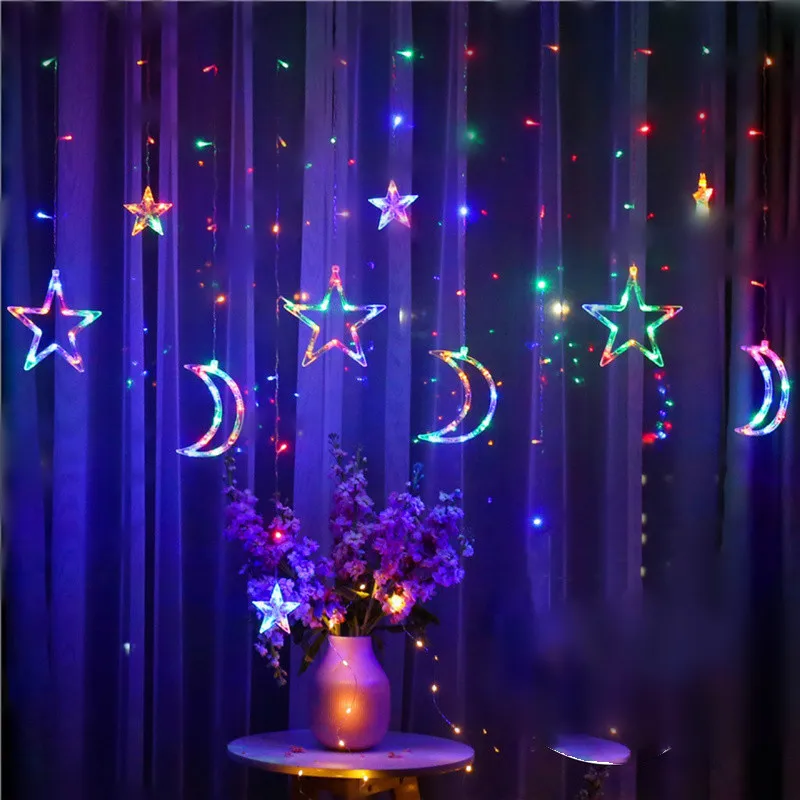 Solar LED  Moons Curtain String Lights Outdoor Waterproof 8 Modes Fairy Garden C - £151.51 GBP