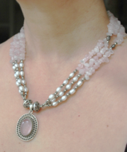 Rose Quartz Necklace, Pearls necklace, sterling silver necklace,multistrand, 809 - £135.71 GBP