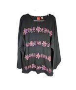 Liz &amp; Co Knit Pullover Sweater 90&#39;s Y2K Black Large Embroidered Flowers ... - $392.19 MXN