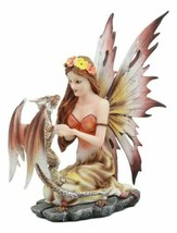 Beautiful Scarlet Fire Fairy Goddess With Spotted Dragon Figurine Fantasy Decor - £39.30 GBP