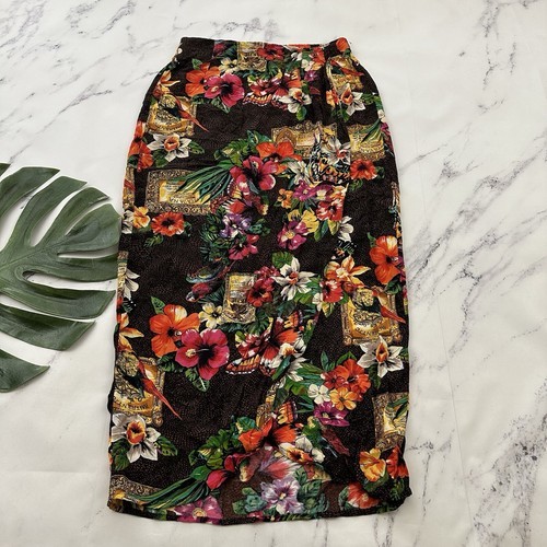 Womens Vintage Wrap Midi Skirt Size M Orange Pink Tropical Floral Parrot... - $28.70