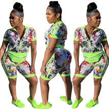 New Women Short Sleeves Floral Print Zipper Coat Short Pants Casual Outf... - $16.99