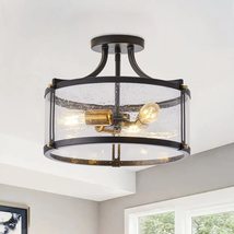 Farmhouse Matte Black 3-light Semi Flush Mount Ceiling Lighting Fixture with Dru - £102.03 GBP