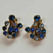 Vintage Gold-tone Blue Rhinestone Clip-on Earrings Made In Austria - £19.54 GBP