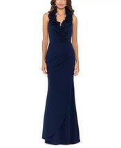 XSCAPE Women&#39;s Ruffled-V-Neck Sleeveless Ruched Gown Navy Size 14 $279 - $108.89
