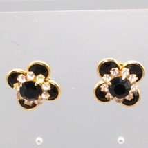 Vintage Monet Bezel Set Crystal Flower Earrings, Black and White in Gold Tone - $50.31