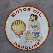Vintage 1940 Shell Gasoline Motor Engine Oil Porcelain Gas & Oil Pump Sign - $125.00