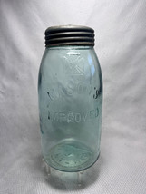 Vtg Mason&#39;s Improved Maltese Cross Aqua Glass Jar Blue Glass Lidded Pat Nov 21 - £127.85 GBP