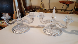 Pair Of Vintage Crystal Art Deco 2 Candle Holder Swirl Design Base, Twisted Desi - £38.48 GBP