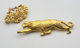 2 Pins Brooch Gold-Tone Cheetah &amp; Fantasy Tree with Rhinestones &amp; Faux Pearls - £15.79 GBP