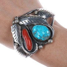 6.5&quot; Native American Sterling, turquoise, and coral cuff bracelet - $391.05