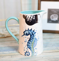 Nautical Marine Blue White Seahorse Ceramic Hot Or Cold Drink Jug Pitcher 35oz - £22.56 GBP