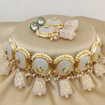 Indian Bollywood Style Gold Plate Kundan Choker Necklace White Jewelry Set - £37.96 GBP