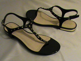 NEW Franco Sarto women&#39;s 6.5 black sandals gold studs thong flats ankle ... - $29.00