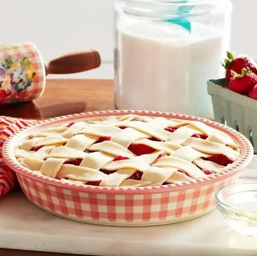 Pioneer Woman ~ Sweet Romance ~ 9.4" Stoneware ~ Gingham w/Floral Design Pie Pan Item image 5