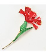 Red Enamel Flower Pin Brooch Fashion Jewelry Gold Tone Edge Green Stem - $352.74 MXN