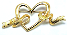 MONET Heart Ribbon Brooch Gold Tone Smooth Textured Ribbon Signed 2 3/4&quot;... - $7.97
