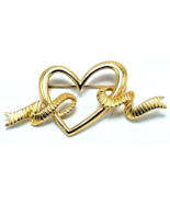 MONET Heart Ribbon Brooch Gold Tone Smooth Textured Ribbon Signed 2 3/4&quot;... - £6.27 GBP