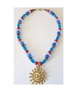 Vintage Sun Pendant Beaded Necklace Multi Color &amp; Blue Beads Gold Tone S... - €11,56 EUR